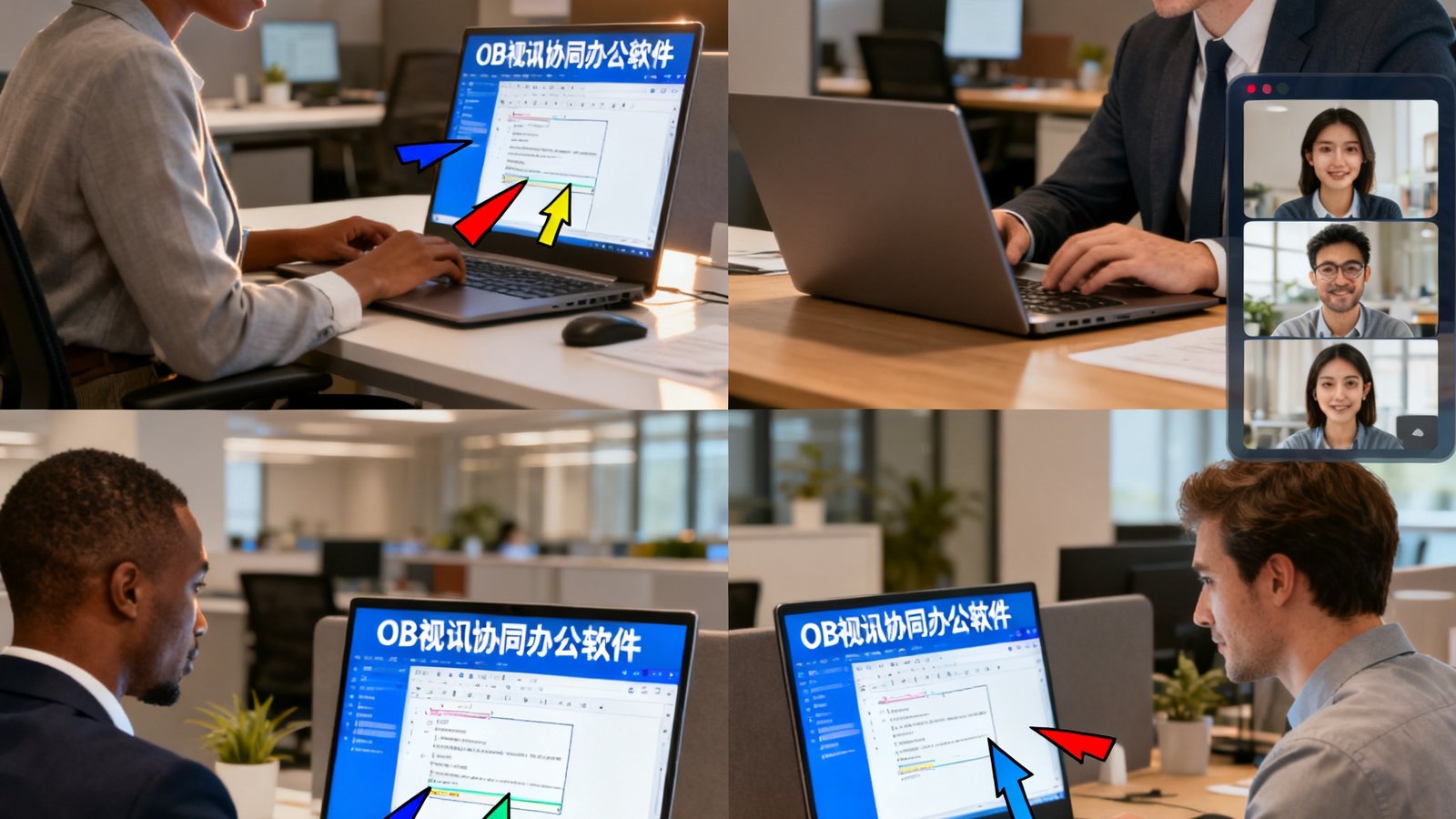 四名不同肤色的商务人士分别坐在各自办公室中，面前笔记本电脑屏幕上显示着OB视讯协同办公软件的实时文档编辑界面，多人光标以不同颜色标识，右侧视频小窗显示彼此的头像。