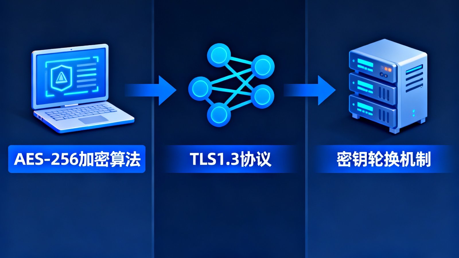 OB视讯数据加密防护系统的技术架构示意图，以信息图表形式展示从发送端加密、传输通道保护到接收端解密的三层防护流程，图标清晰标注了AES-256、TLS1.3和密钥轮换机制。