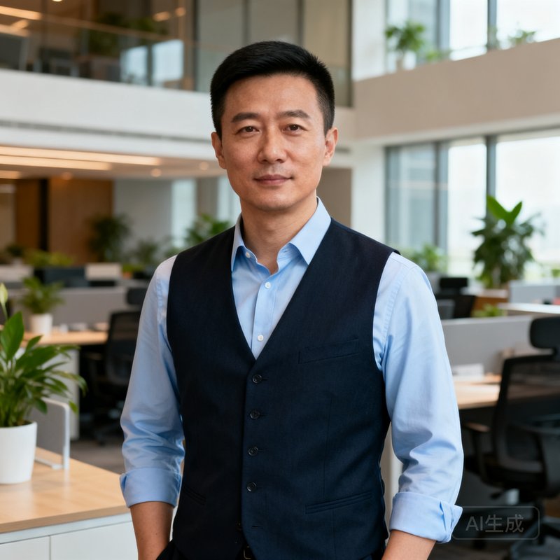 王骏，OB视讯首席运营官，三十八岁左右的中国男性，留着利落的短发，身穿浅蓝色衬衫搭配深色马甲，站在开放式办公区前，姿态从容。
